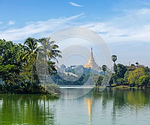 View of Shwedagon Pagoda over Kandawgyi Lake
