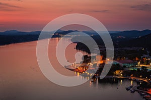 View of Sibenik from fortress, historic city on Adriatic coast in Dalmatia, Croatia, scenic cityscape, travel background