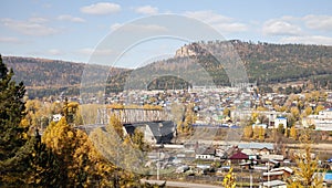 View of the Siberian city of Ust-Kut and the automobile bridge over the Lena River in autumn