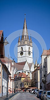 View of the sibiu lutheran cathedral from the street adjacent to the old town