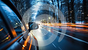 View from Side of Car moving on the road with motion blur background