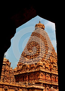 A view through side hall of the main tower with single stone doom-vimana-in the ancient Brihadisvara Temple in Thanjavur, india.