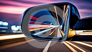 View of the side mirror from the rear of a business class car driving along the line at high speed.