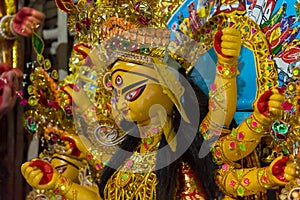 View from side of a traditional idol of Goddess Durga