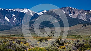 View of the Sierra Nevada Mountains from the road near Mono Lake, California, USA.