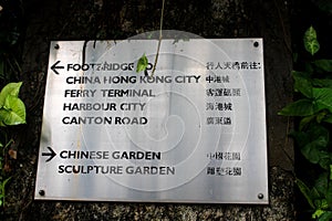 View of sign with directional arrows points toward different locations in Kowloon Park