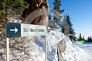 View of sign Ski an Board Rentals on the Grouse Mountain Ski Resort