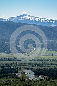 View from the SIgnal Mountain overlook in Grand Teton National Park - large forested area, with the Snake River flowing through