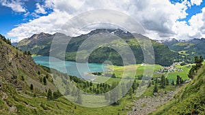 View on Sils Maria in the Engadine valley in Switzerland