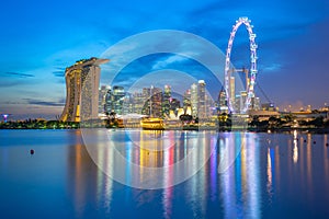 View of Singapore city skyline with landmark buildings at night