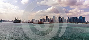 A view from the Singapore Straits towards the port and financial district of Singapore, Asia