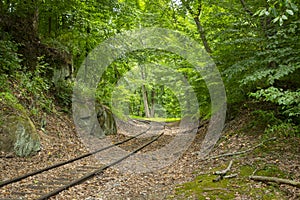 View of a Single Railroad Track Rounding a Curve in the Middle of a Cut in the Hill
