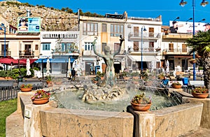 View of Sirena fountain on the central square of Mondello in Palermo.