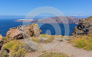 A view from Skaros rock on Santorini towards the northern rim of the caldera