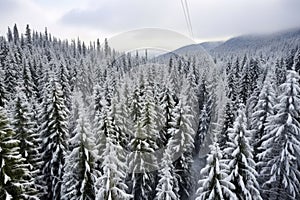 view from ski lift over snow-laden trees