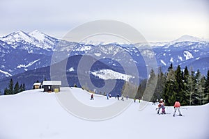 View from the ski resort Covered with snow in winter On the high mountains of Austria.