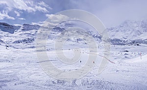 View of ski slopes in Alps in Austria.