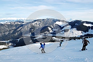 View of the ski slopes and snow-covered mountain ranges of the Tatras in the resort of Jasna