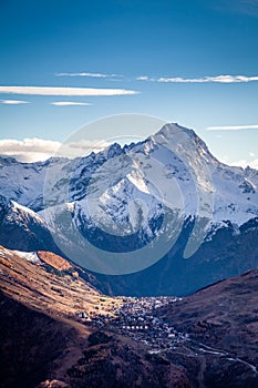 View of the ski station of the `2 Alpes` in the French Alps