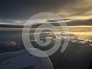 View of the sky and clouds from the airplane porthole