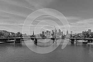 View of the skyline of the city of Frankfurt am Main in black and white, Germany