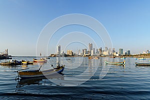 View of skyline on coast of Worli neighborhood from Haji Ali Dargah in Mumbai. India