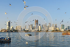 View of skyline on coast of Worli neighborhood from Haji Ali Dargah in Mumbai. India