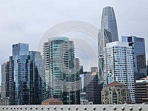 View of skyline of downtown San Francisco in a cloudy day from the Bay Bridge