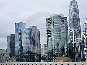 View of skyline of downtown San Francisco in a cloudy day from the Bay Bridge