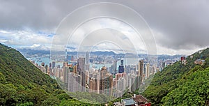 View of the skyline and harbor from Victoria Peak in Hong Kong