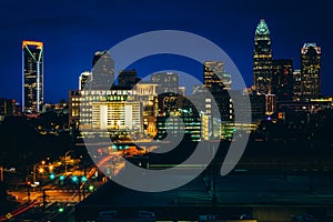 View of the skyline of Uptown at night, in Charlotte, North Carolina.