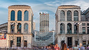 View of Skyscraper and Museo del Novecento timelapse from Piazza del Duomo in Milan, Italy