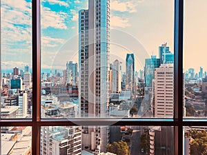 View from skyscraper window on modern city skyline -
