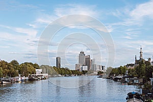 View of the skyscrapers on the banks of Amsterdam\'s main canal in the Netherlands