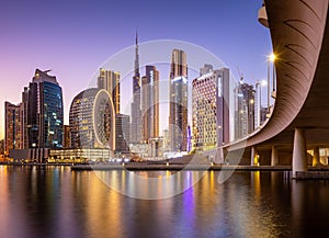 View on skyscrapers in modern center of Dubai at the sunset, Dubai, United Arab Emirates