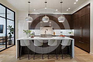 view A sleek and stylish portrayal of a modern kitchen setup
