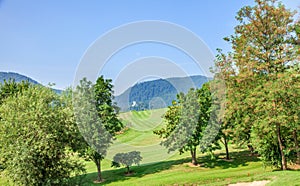 View of a sloping field of Zlati Gric Golf Course with trees on a sunny day in Slovenia