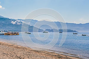 View from Slovenska Plaza beach on Budva Bay Plicina Tunjaj in Montenegro