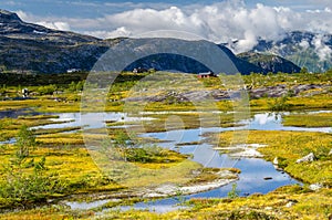 View of small blue lakes surrounded by yellow and green grass with red building in background on the Trolltunga trail