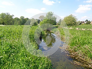 View of a small creek in the middle of a farm with a clear sky background