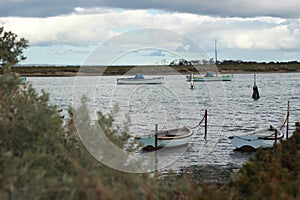 view of small fishing sail boats tide up in port in an inlet at Werribee south beach, Werribee Victoria