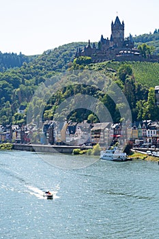 View on small German town Cochem located in Mosel river valley, quality wine regio in Germany