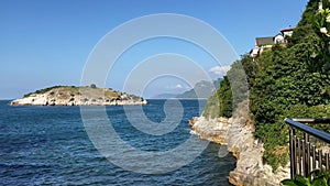 View of a small island in Black Sea seen from the Kemere Koprosu bridge in Amasra Turkey