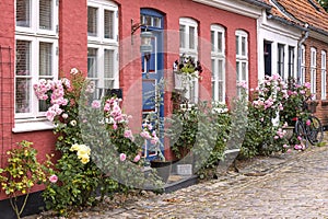 View into the small lanes of the idyllic town Ribe, Denmark