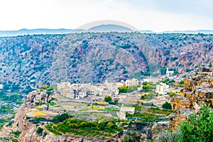 View of small rural villages situated on the saiq plateau at the jebel akhdar mountain in Oman