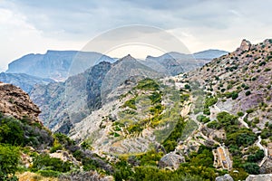 View of small rural villages situated on the saiq plateau at the jebel akhdar mountain in Oman