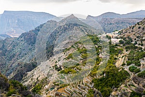 View of small rural villages situated on the saiq plateau at the jebel akhdar mountain in Oman