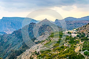View of small rural villages situated on the saiq plateau at the jebel akhdar mountain in Oman....IMAGE