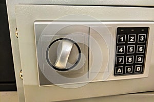 View of a small safe, preservation of valuables and money, security.
