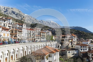 View of the small town of Arachova in Greece, near Parnassos mountain resort on a sunny winter day